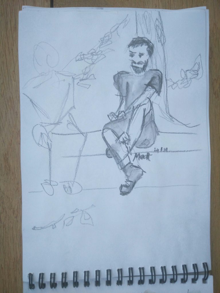 Croquis d'un homme assis sur un banc