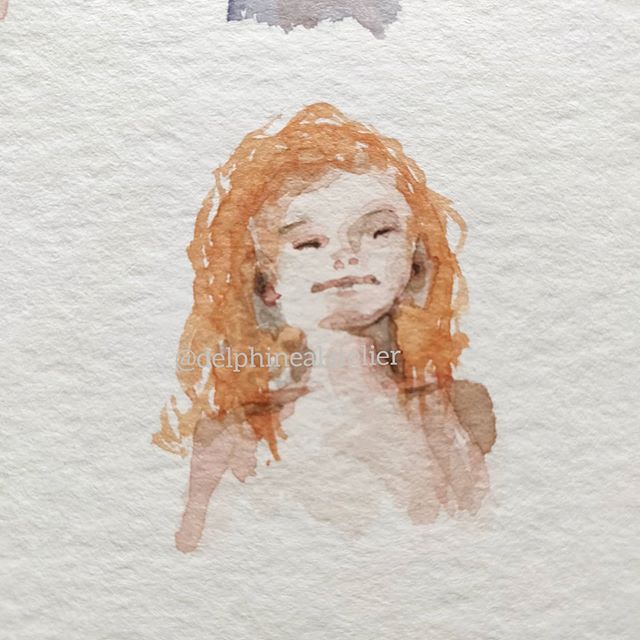 Aquarelle représentant un buste dd'une jeune fille aux paupières fermées levant légèrement la tête