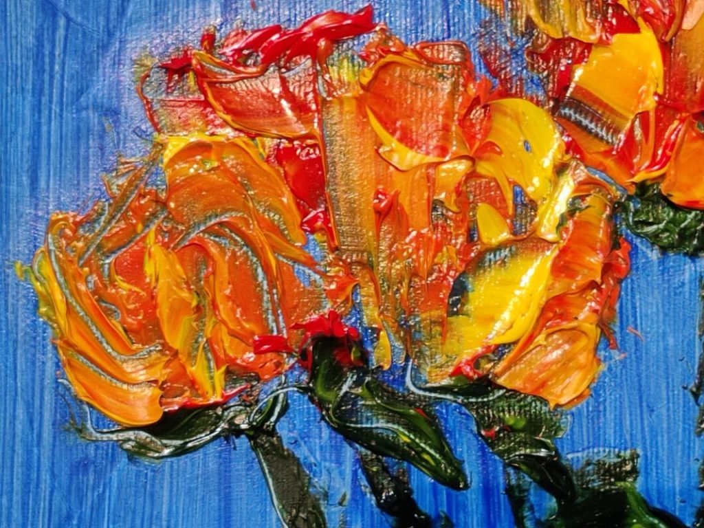 Détail d'une peinture de rose oranges, jeu de matière