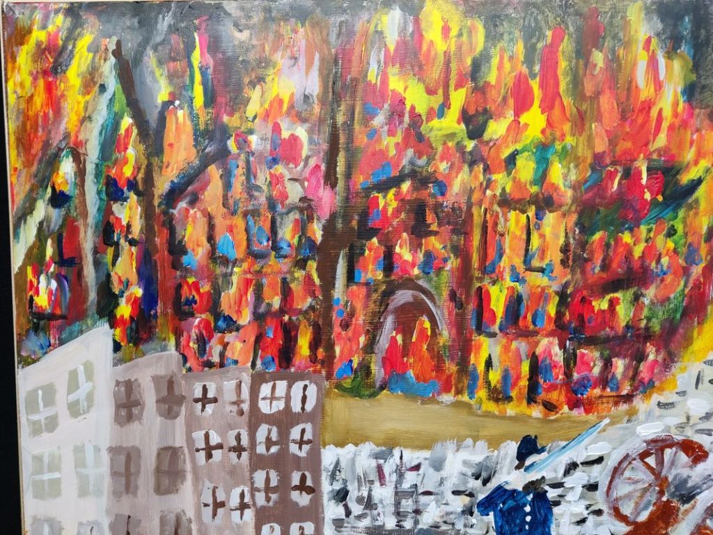 Détail d'une peinture. Un bâtiment en feu