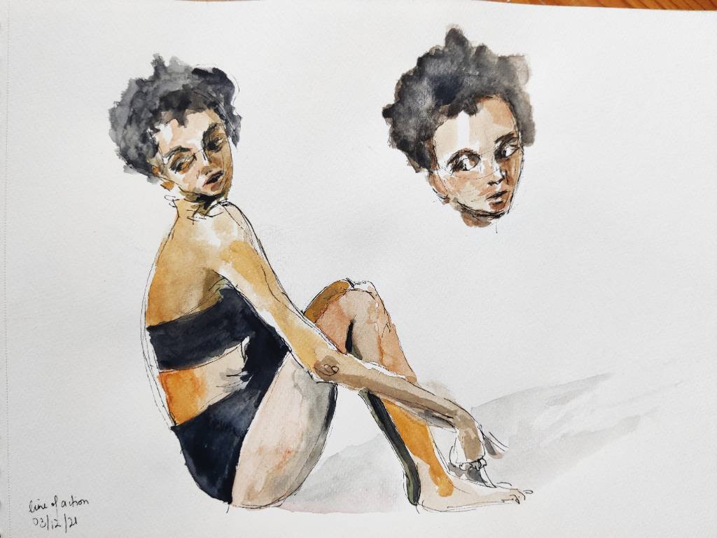 Un corps de femme au stylo et à l'aquarelle + la tête reprise à côté