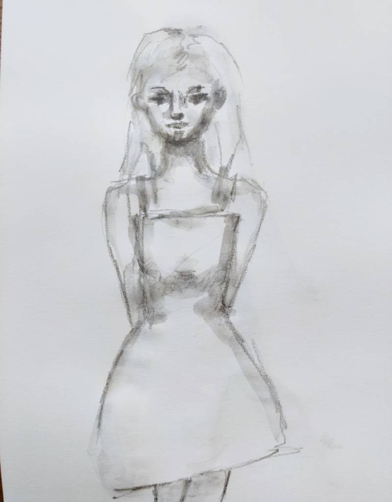 Dessin au crayon d'une jeune fille en robe se tenant les mains derrière le dos