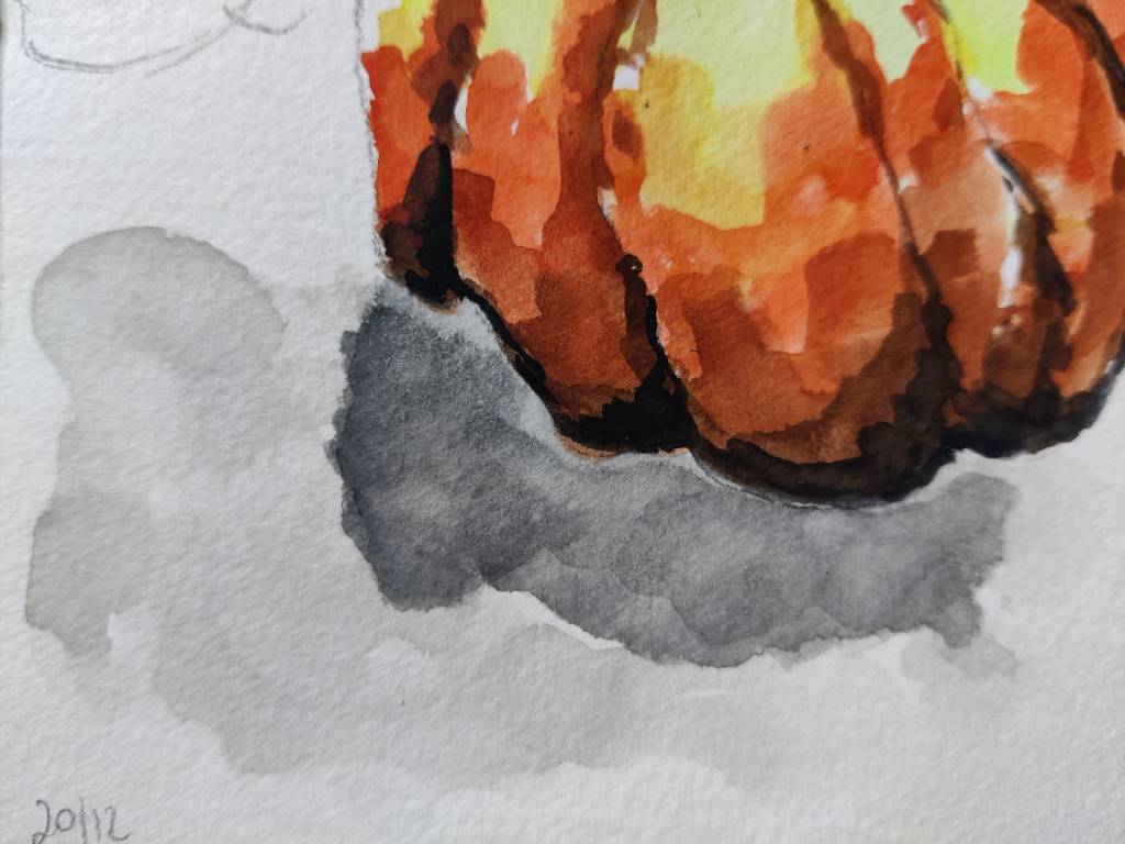 Gros plan sur une aquarelle de potiron et en particulier l'ombre