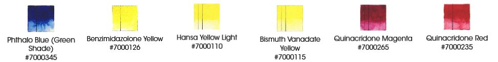 Phtalo Blue (Green Shade) 345, Benzimidarolone Yellow 126, Hansa Yellow Light 110, Bismuth Vanadate Yellow 115, Quinacridone Magenta 265, Quinacridone Red 235