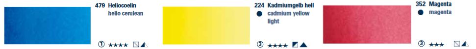 479 Hello Cerulean (bonne résistance à la lumière, transparent, semi-tenace), 224 Cadium yellow light (bonne résistance à la lumière, semi-opaque, tenace), 352 Magenta (résistance à la lumière correcte, transparent, semi-tenace)