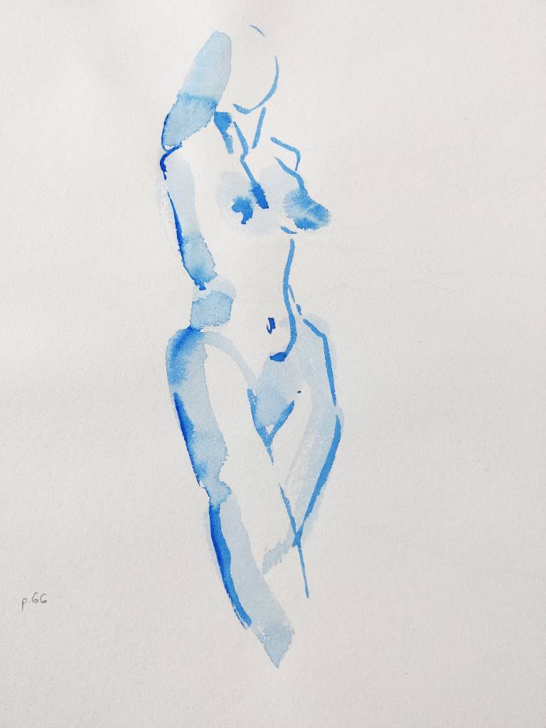 Croquis à l'encre bleue d'une femme nue de face