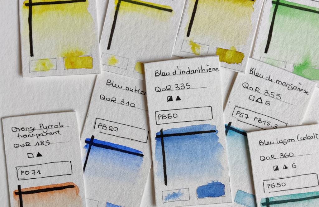 Cartes sur lesquelles sont écrit des noms de couleurs et leurs caractéristiques