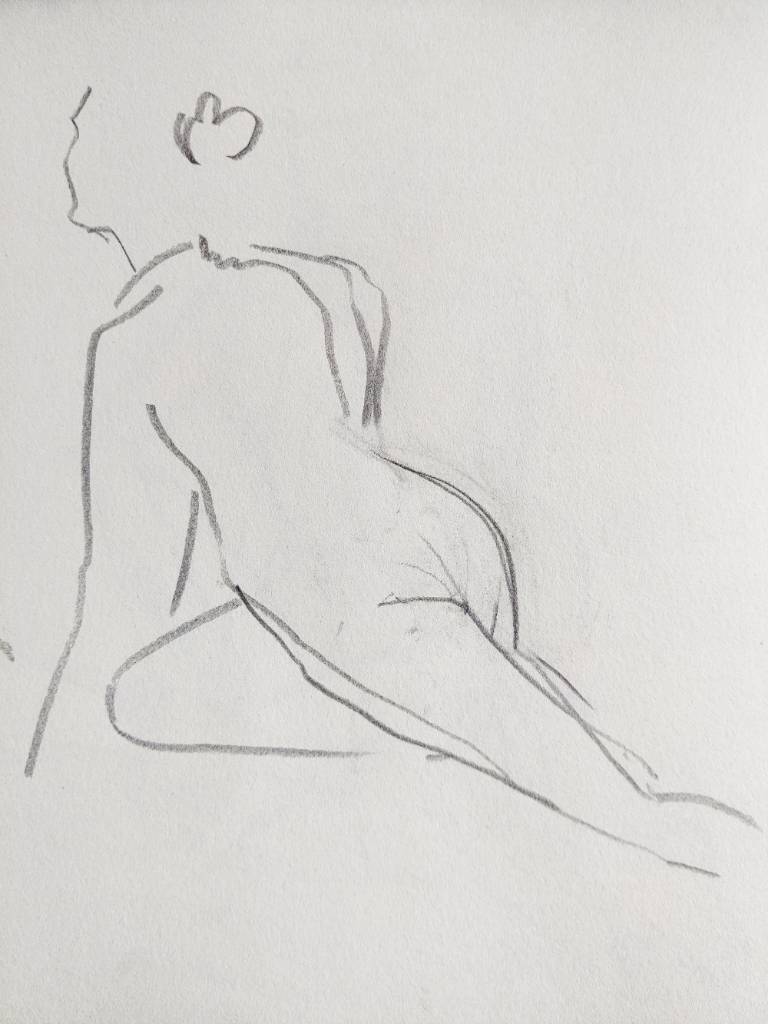 Croquis de quelques traits seulement d'une femme assise au sol, une jambe étendue derrière elle