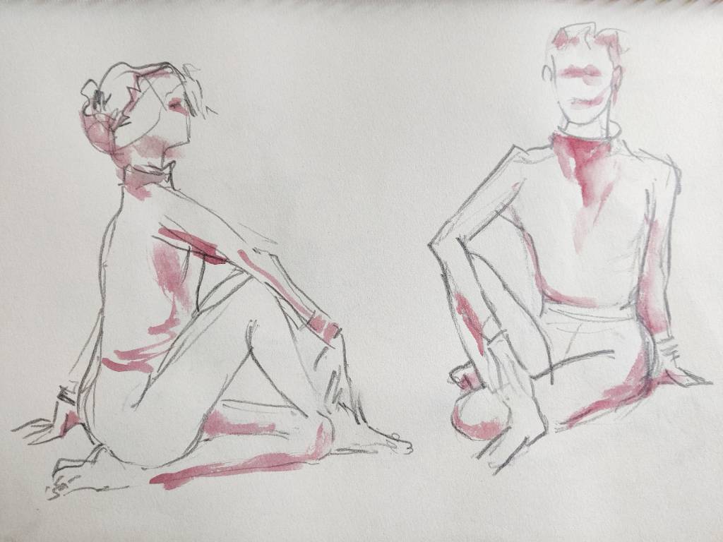 Deux dessins au crayon avec touche d'aquarelle d'une même pose vue de deux angles différents : une femme assise au sol.