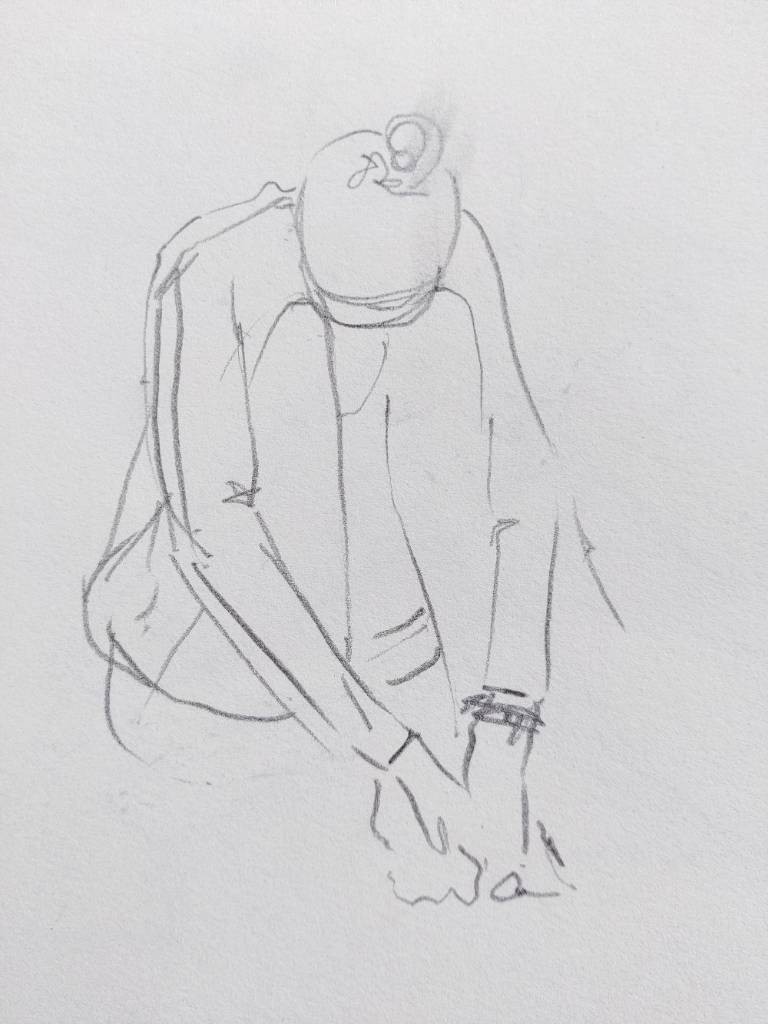 Dessin au crayon d'une femme assise par terre, la tête dans les genoux, les mains sur les pieds