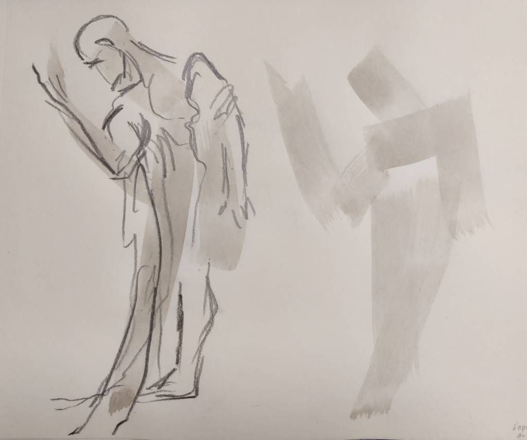 Croquis rapide d'un homme debout, tête penchée, bras levé devant lui. La silhouette est rapidement reprise à côté via de grossiers traits de pinceaux qui résument la pause