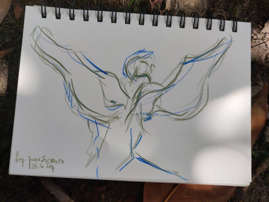 Croquis aux trains nerveux verts et bleus représentant un homme dont les bras sont des ailes - Daté "23.6.24"